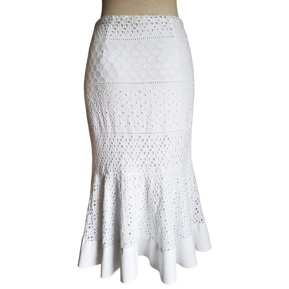 Gianni Bini White 100% Cotton Feminine Fishtail Eyelet Ruffle Hem Skirt M - Picture 5 of 13